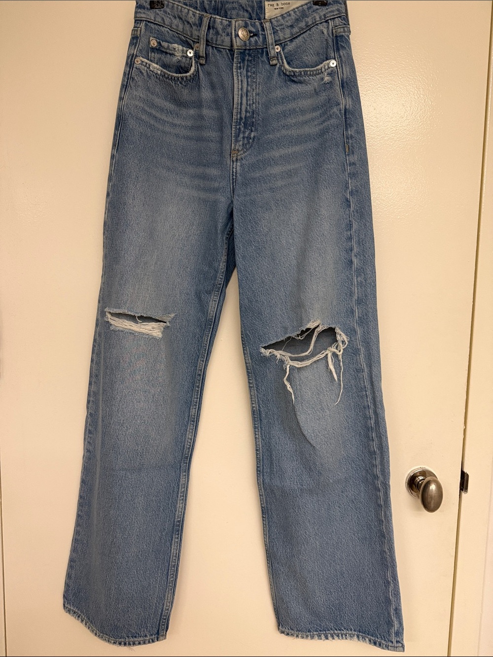 rag & bone Medium Blue Distressed Straight Leg Jeans